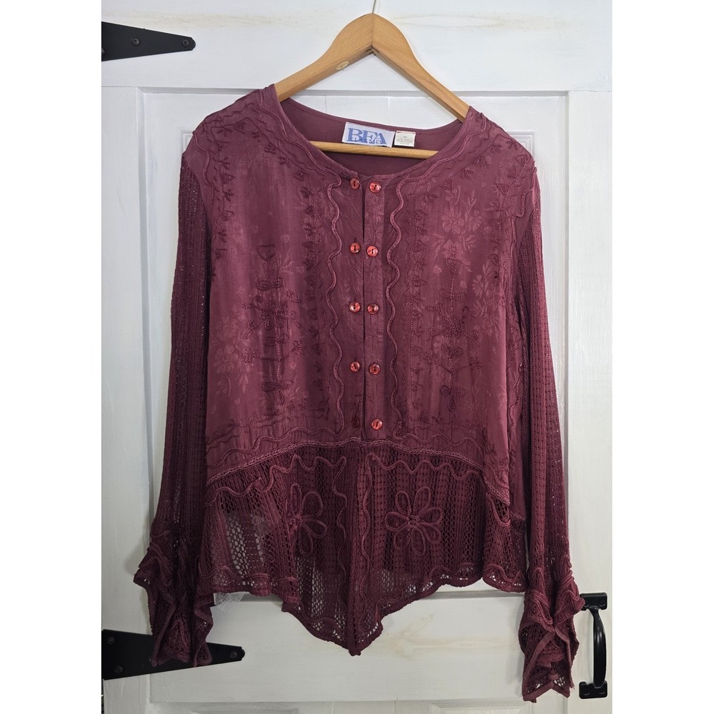 BFA Classics Blouse Womens MP Burgundy Boho Embroidered Crochet Fairy Whimsigoth - Picture 3 of 14